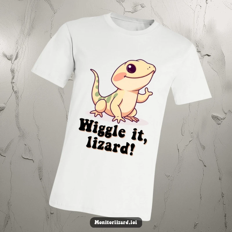 Funny monitor lizard t-shirt featuring a playful lizard doing a happy wiggle with its tail, radiating pure delight.