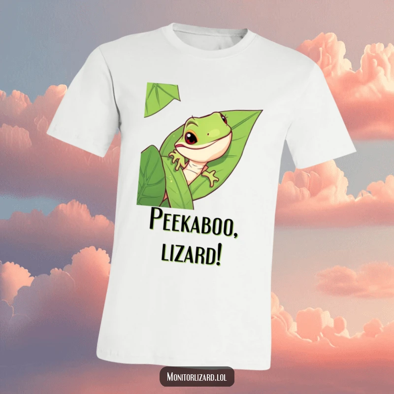 Funny monitor lizard t-shirt featuring a mischievous lizard peeking curiously from behind a large, lush jungle leaf.