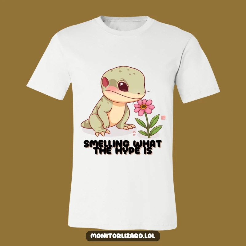 Funny Monitor Lizard Flower T-Shirt - Curious Reptile Sniffing Tee, Best Funny Gift
