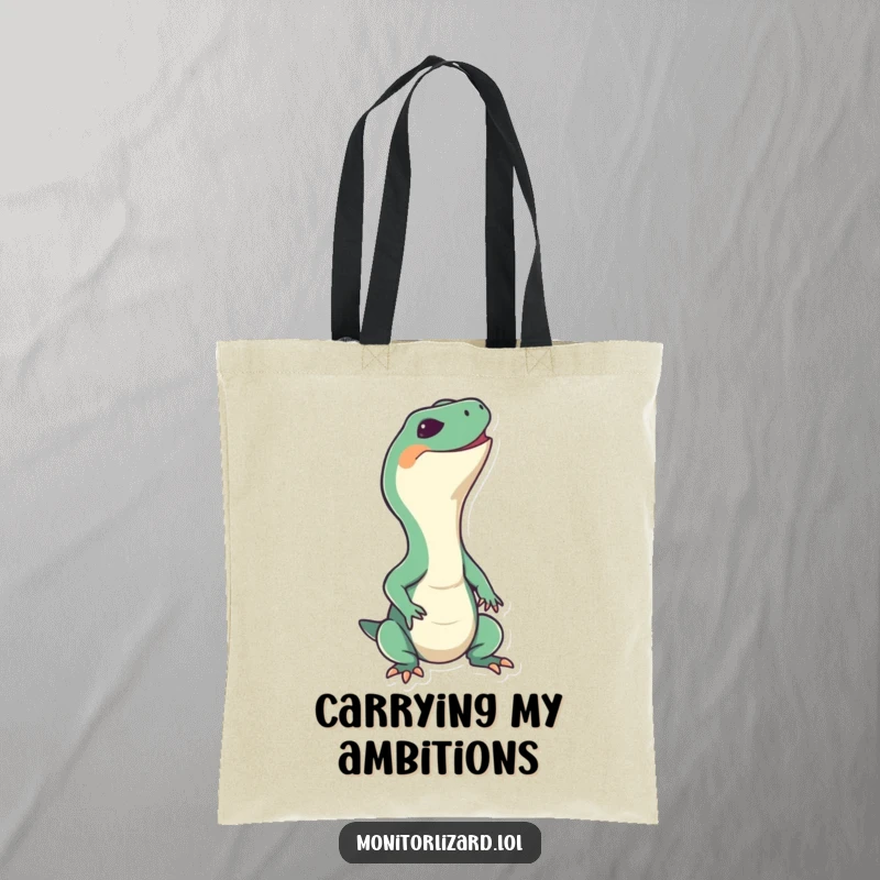 Funny monitor lizard tote bag with a happy reptile stretching its neck upwards with a big grin, great for shopping and daily use.