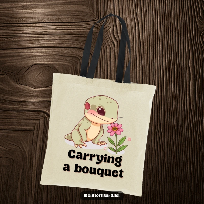 Funny monitor lizard tote bag with a curious reptile sniffing a tiny, colorful flower, great for shopping and carrying daily essentials.